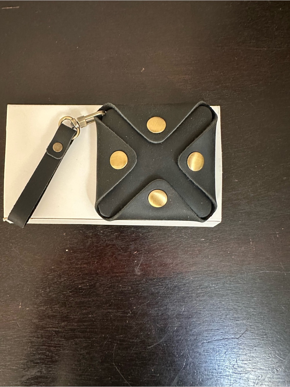 Black Leather Snap Coin Pouch with Gold Studs and Wrist Strap
